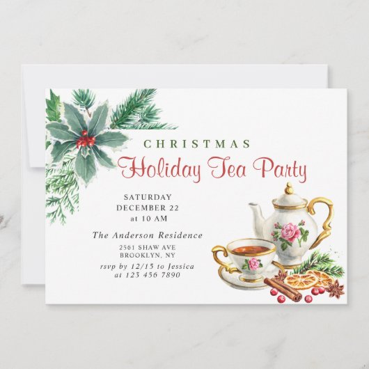 Festive Holly Berry Kerstfeestdag Tea Kaart (Voorkant)