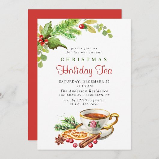 Festive Holly Berry Kerstfeestdag Tea Kaart (Voorkant / Achterkant)