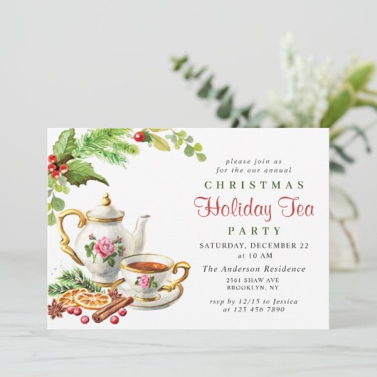 Festive Holly Berry Kerstfeestdag Tea Kaart (Staand voorkant)
