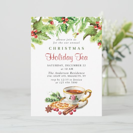 Festive Holly Berry Kerstfeestdag Tea Kaart (Staand voorkant)
