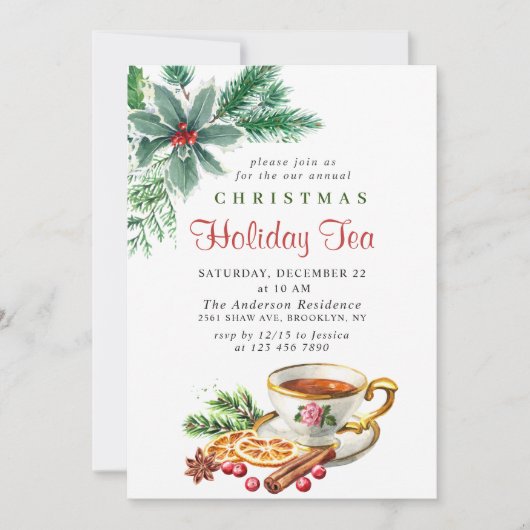 Festive Holly Berry Kerstfeestdag Tea Kaart (Voorkant)