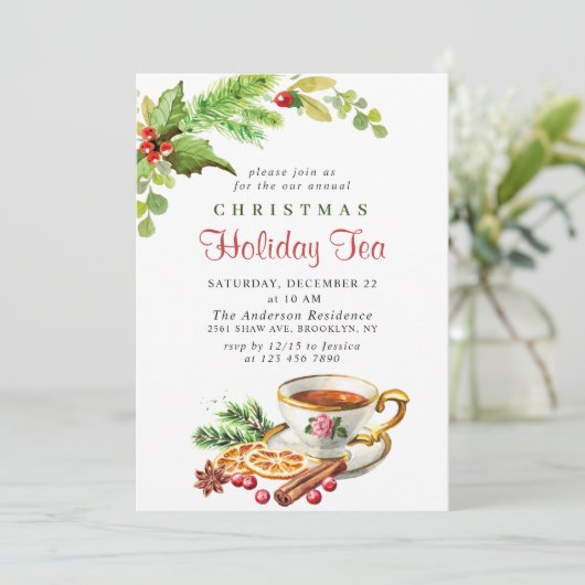Festive Holly Berry Kerstfeestdag Tea Kaart (Staand voorkant)