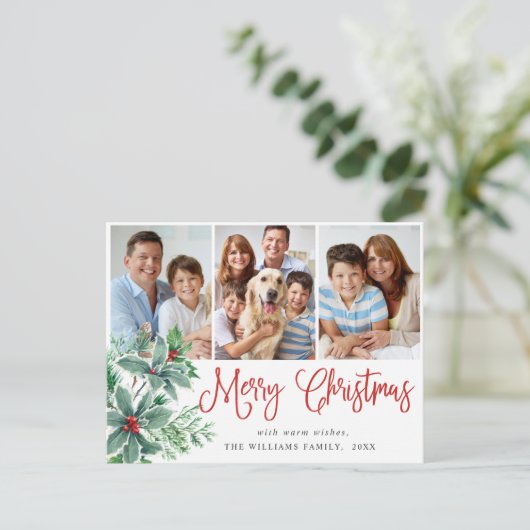 Festive Holly Berry Kerstmis 3 Foto Holiday Briefkaart (Staand voorkant)