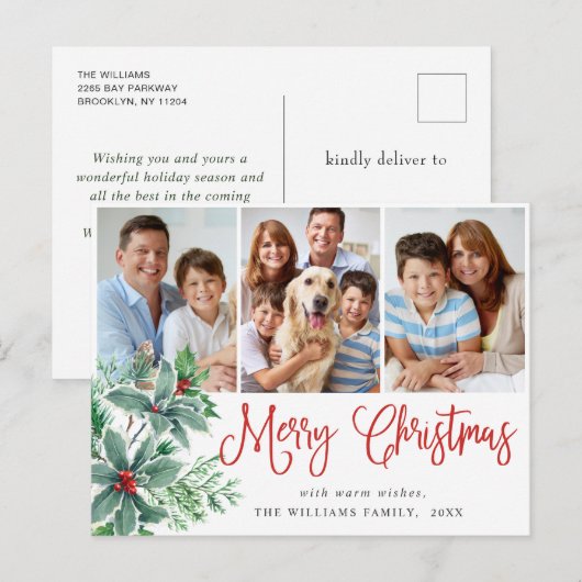 Festive Holly Berry Kerstmis 3 Foto Holiday Briefkaart (Voorkant / Achterkant)