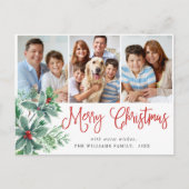 Festive Holly Berry Kerstmis 3 Foto Holiday Briefkaart (Voorkant)