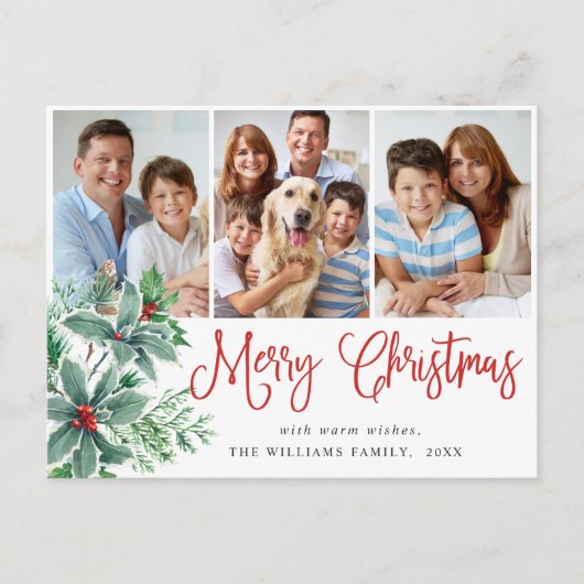 Festive Holly Berry Kerstmis 3 Foto Holiday Briefkaart (Voorkant)