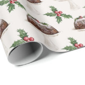 Festive Holly Berry KerstPudding Cadeaupapier (Rol Hoek)