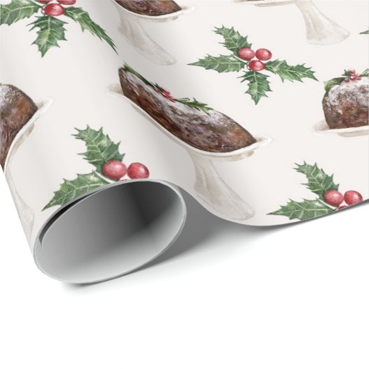 Festive Holly Berry KerstPudding Cadeaupapier (Rol Hoek)
