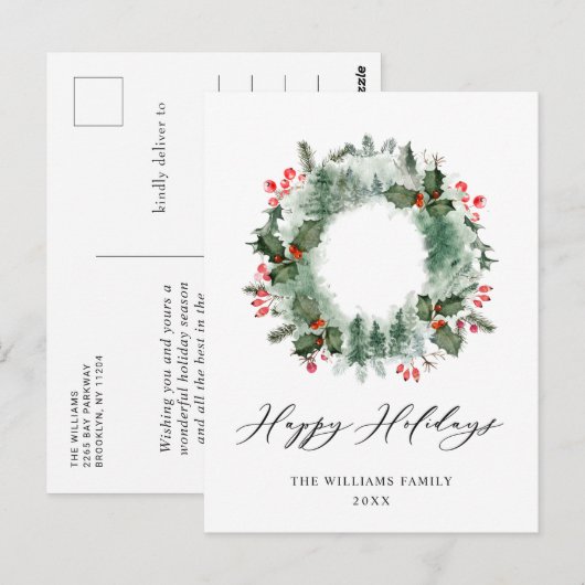 Festive Holly Berry Pine Forest Wreater Kerstmis Briefkaart (Voorkant / Achterkant)