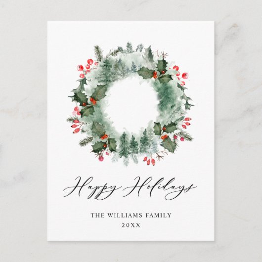 Festive Holly Berry Pine Forest Wreater Kerstmis Briefkaart (Voorkant)