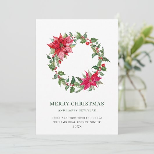 Festive Holly Berry Poinsettia kerst Corporate Feestdagenkaart (Staand voorkant)