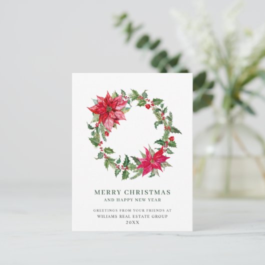 Festive Holly Berry Poinsettia kerst Corporate Feestdagenkaart (Staand voorkant)
