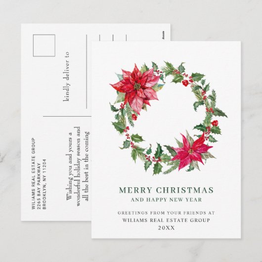 Festive Holly Berry Poinsettia kerst Corporate Feestdagenkaart (Voorkant / Achterkant)