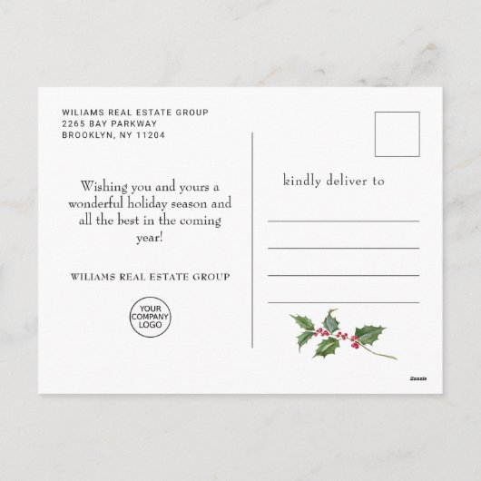 Festive Holly Berry Poinsettia kerst Corporate Feestdagenkaart (Achterkant)