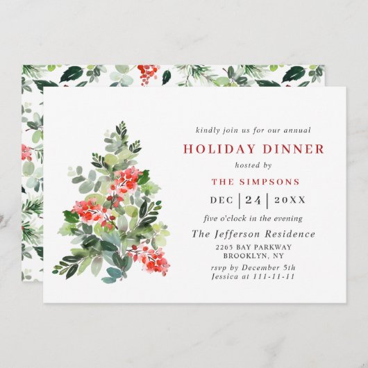 Festive Holly Berry Tree CHRISTMAS HOLIDAY DINNER Kaart (Voorkant / Achterkant)