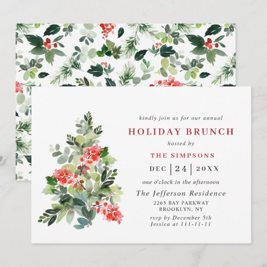 Festive Holly Berry Tree HOLIDAY BRUNCH CHRISTMAS Kaart (Voorkant / Achterkant)