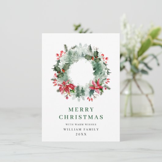 Festive Holly Berry Wreath kerstgroet Feestdagenkaart (Staand voorkant)