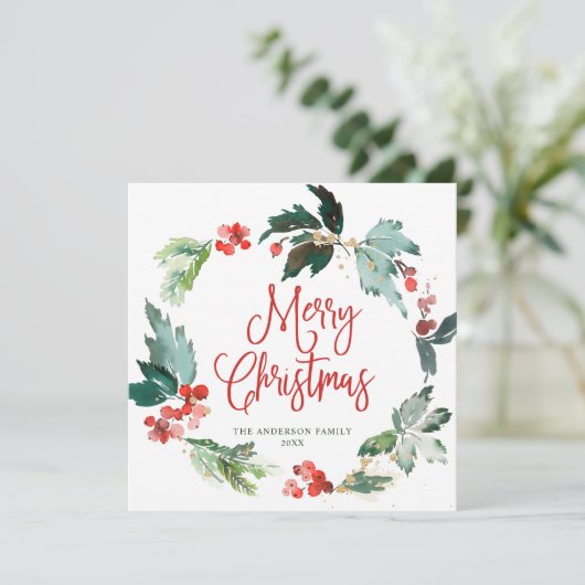 Festive Holly Berry Wreath kerstgroet Holi Feestdagenkaart (Staand voorkant)