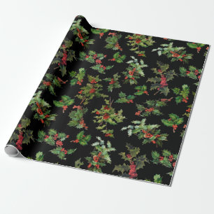 Festive  Holly Black Achtergrond Cadeaupapier