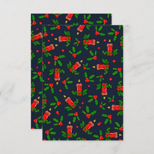 Festive Holly & Candle Pattern Navy Kaart (Voorkant / Achterkant)
