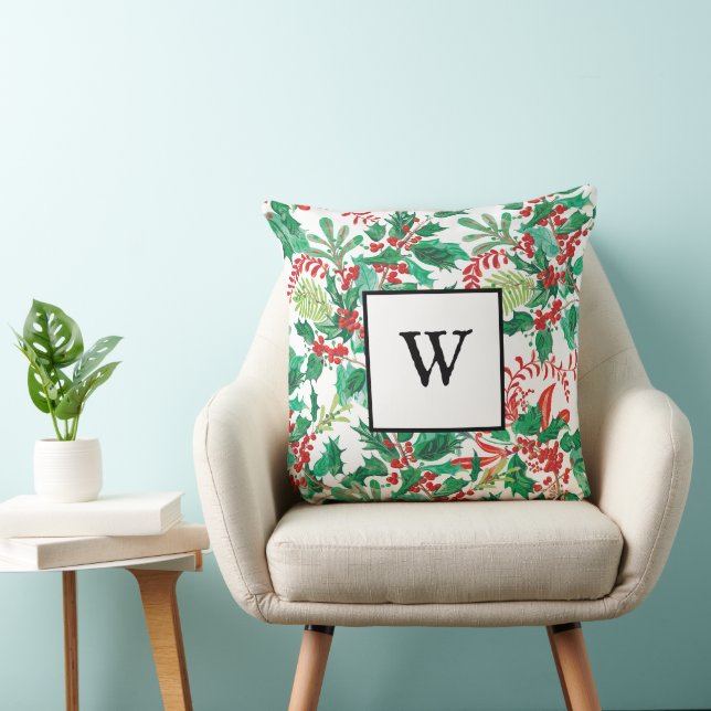 Festive Holly Christmas Monogram Throw Pillow Kussen (Stoel)