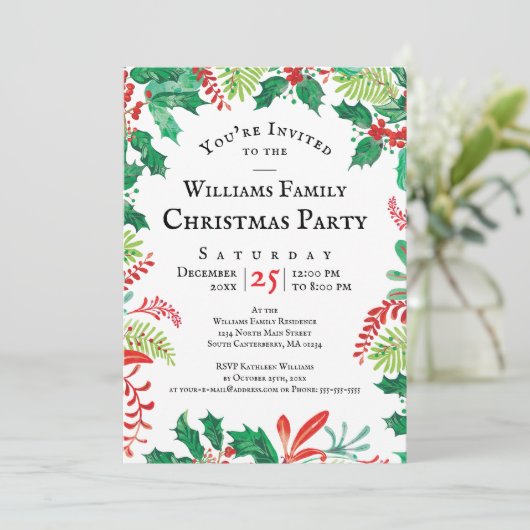 Festive Holly Christmas Red Green Party Invitation Kaart (Staand voorkant)