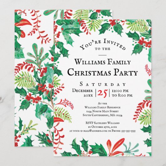Festive Holly Christmas Red Green Party Invitation Kaart (Voorkant / Achterkant)