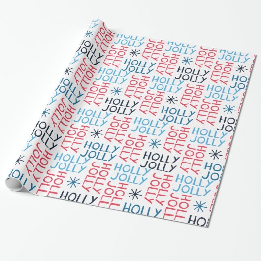 Festive Holly Jolly Red Blue Cadeaupapier (Uitgerold)