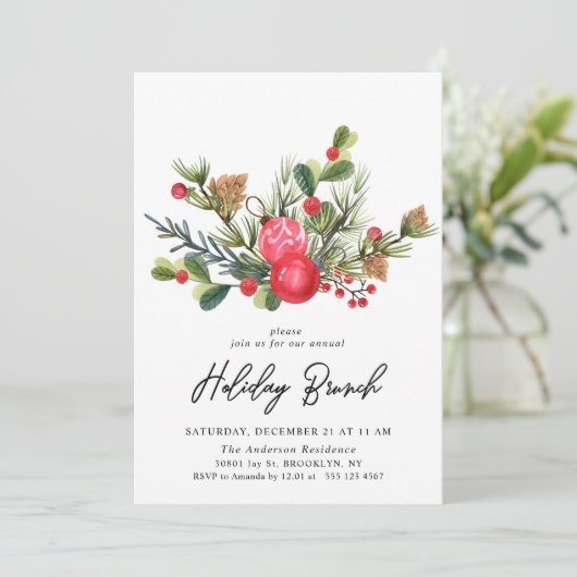 Festive Holly Kerstfeestay Brunch Uitnodiging (Staand voorkant)