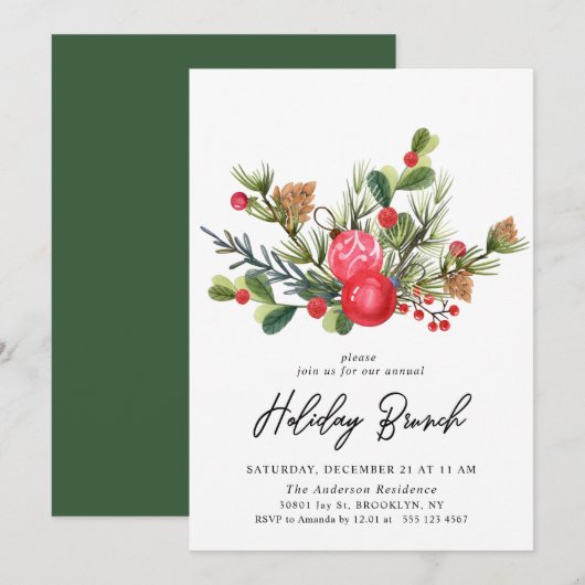 Festive Holly Kerstfeestay Brunch Uitnodiging (Voorkant / Achterkant)