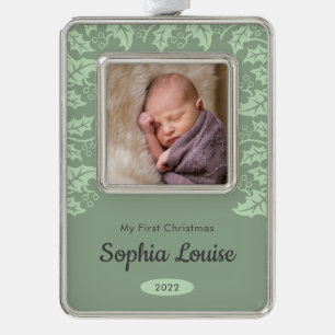 Festive Holly   Mijn eerste kerstfoto Verzilverd Omlijst Ornament