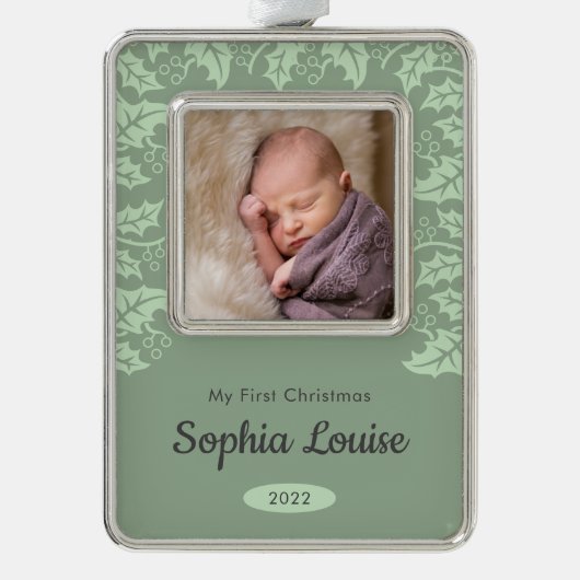 Festive Holly | Mijn eerste kerstfoto Verzilverd Omlijst Ornament (Voorkant)