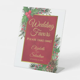 Festive Holly & Pine Christmas Wedding Favors Sign Reclamebord Met Voetstuk
