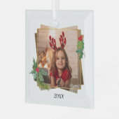 Festive Holly & Pine with Gold Lijst Photo Glas Ornament (Voorkant links)