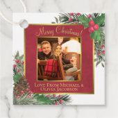 Festive Holly & Pine with Photo Merry Kerstmis Bedankjes Labels (Voorkant)