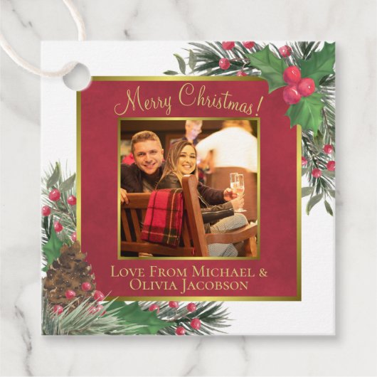 Festive Holly & Pine with Photo Merry Kerstmis Bedankjes Labels (Voorkant)