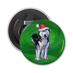 Festive Husky in Santa Hat op Green Button Flesopener