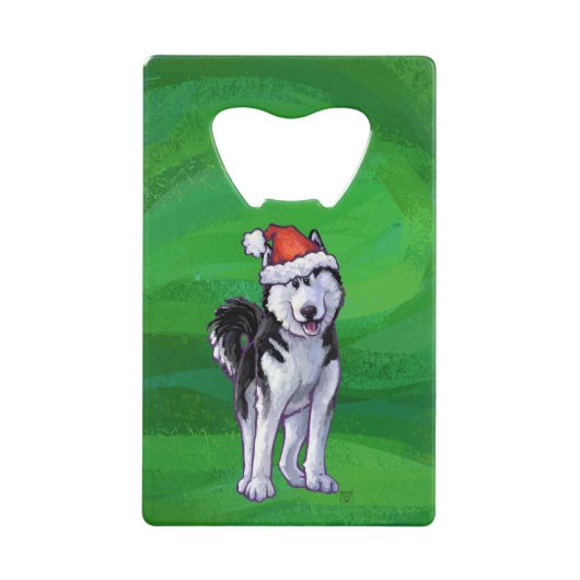 Festive Husky in Santa Hat op Green Creditkaart Flessenopener (Voorkant)