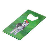 Festive Husky in Santa Hat op Green Creditkaart Flessenopener (Voorkant Gekanteld)