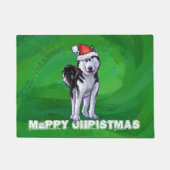 Festive Husky in Santa Hat op Green Deurmat (Voorkant)