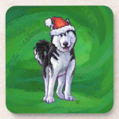 Festive Husky in Santa Hat op Green Drankjes Onderzetter (Voorkant)