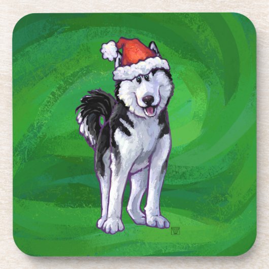 Festive Husky in Santa Hat op Green Drankjes Onderzetter (Voorkant)
