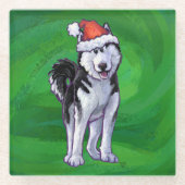 Festive Husky in Santa Hat op Green Glazen Onderzetter (Voorkant)