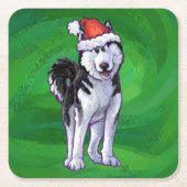 Festive Husky in Santa Hat op Green Kartonnen Onderzetters (Voorkant)