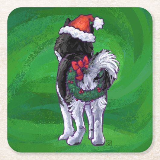 Festive Husky in Santa Hat op Green Kartonnen Onderzetters (Voorkant)