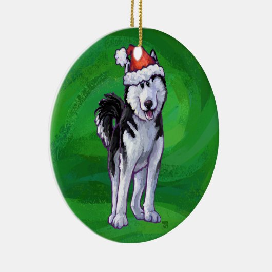 Festive Husky in Santa Hat op Green Keramisch Ornament (Rechts)