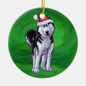 Festive Husky in Santa Hat op Green Keramisch Ornament (Voorkant)