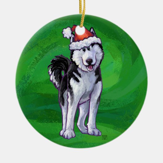 Festive Husky in Santa Hat op Green Keramisch Ornament (Voorkant)