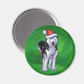 Festive Husky in Santa Hat op Green Magneet (Voorkant / Achterkant)