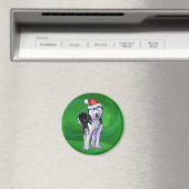 Festive Husky in Santa Hat op Green Magneet (Insitu (Vaatwasser))